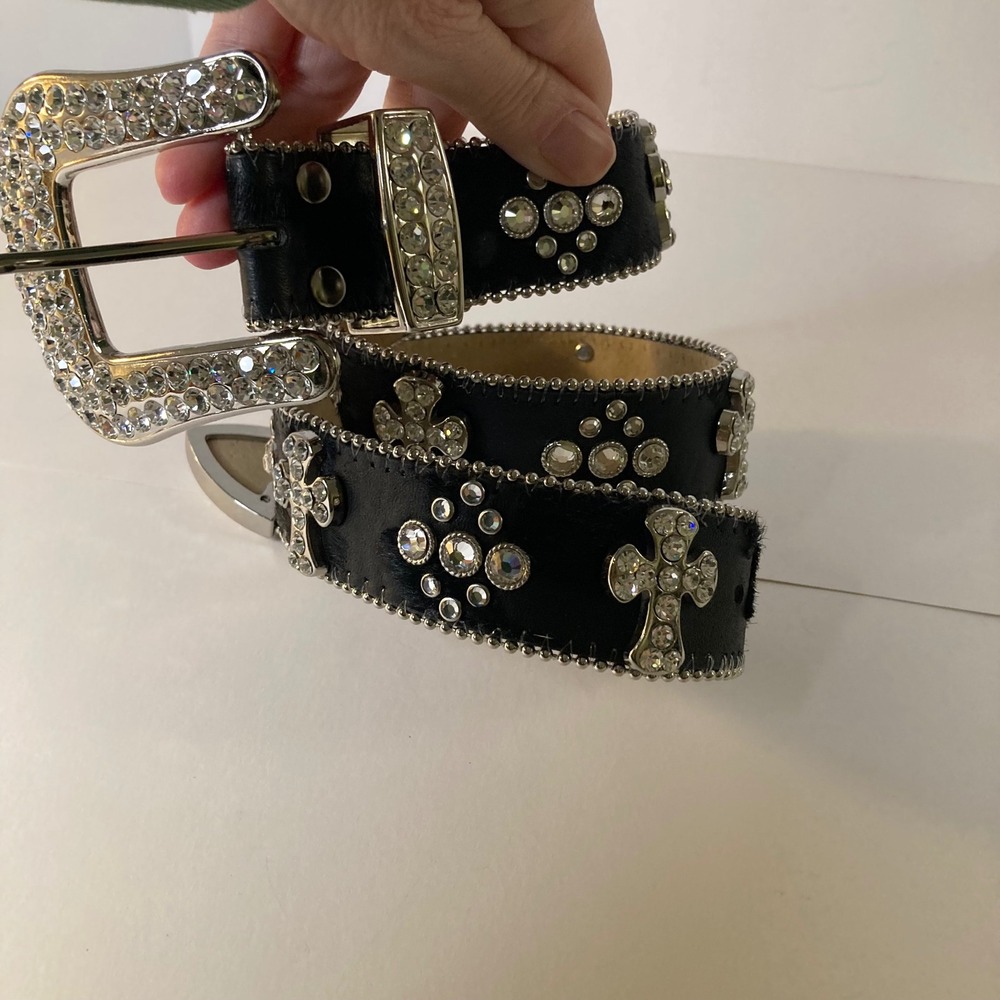 Vintage 1849 Authentic Ranchwear Rhinestone Cross Calfhair Belt 34-L Black 1.5"W